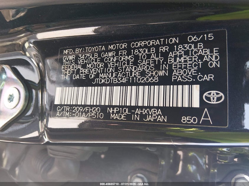 2015 Toyota Prius C One VIN: JTDKDTB34F1102068 Lot: 45685710