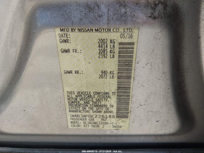 2016 Nissan Altima 3.5 Sr VIN: 1N4BL3AP5GC226188 Lot: 45685715