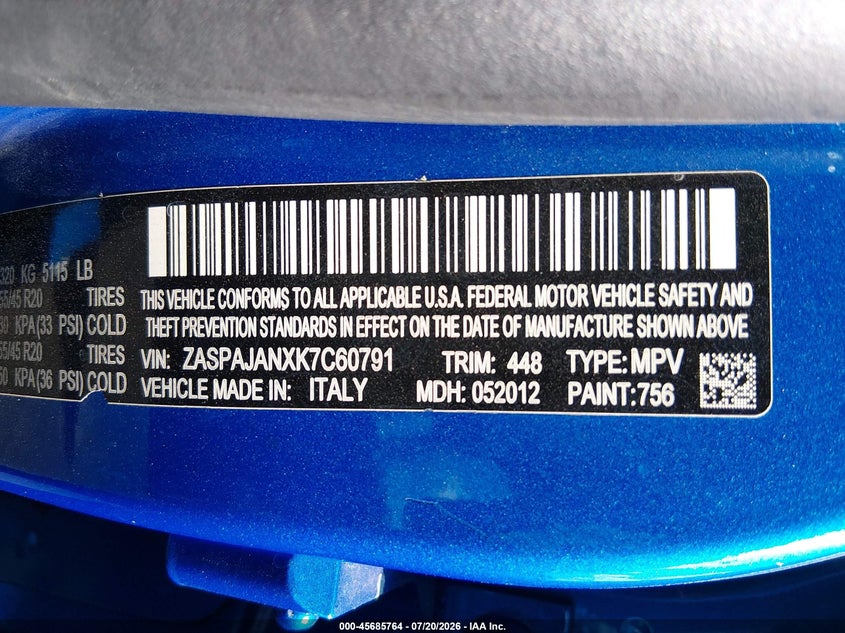 2019 Alfa Romeo Stelvio Rwd VIN: ZASPAJANXK7C60791 Lot: 45685764