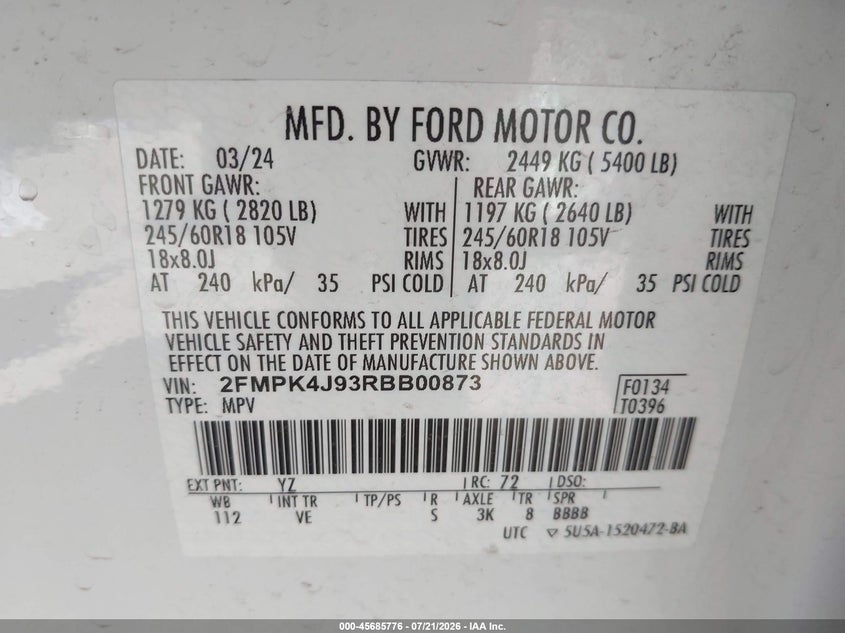 2024 Ford Edge Sel VIN: 2FMPK4J93RBB00873 Lot: 45685776