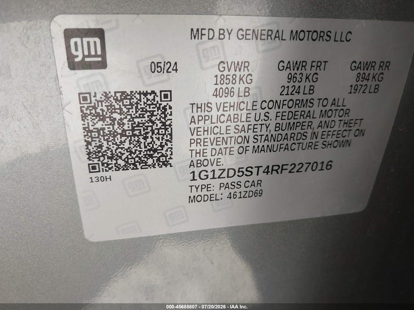 2024 Chevrolet Malibu Fwd 1Lt VIN: 1G1ZD5ST4RF227016 Lot: 45685807