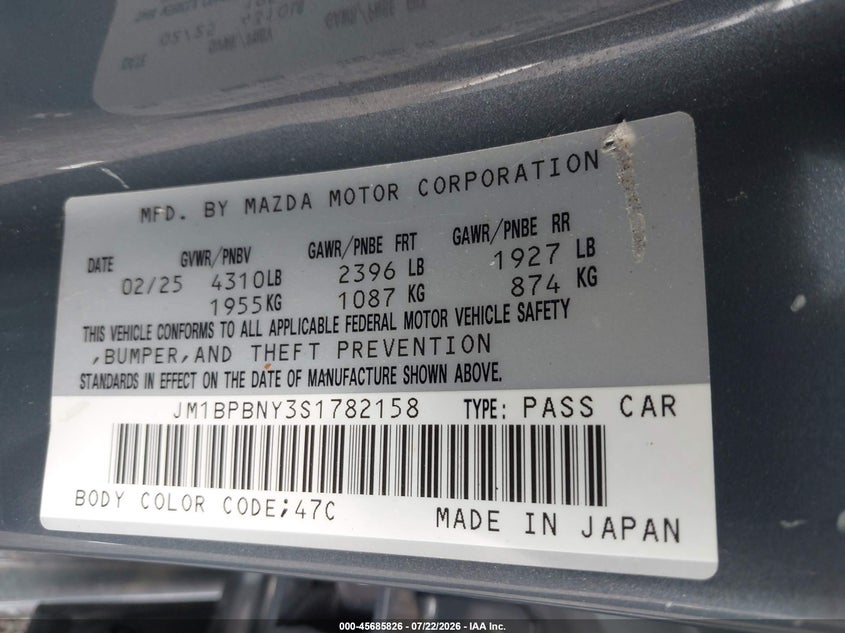 MAZDA MAZDA3 2025 VIN JM1BPBNY3S1782158