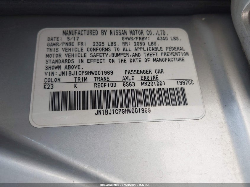2017 Nissan Rogue Sport S VIN: JN1BJ1CP9HW001969 Lot: 45685900