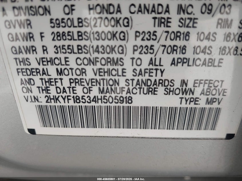 2004 Honda Pilot Ex-L VIN: 2HKYF18534H505918 Lot: 45685901