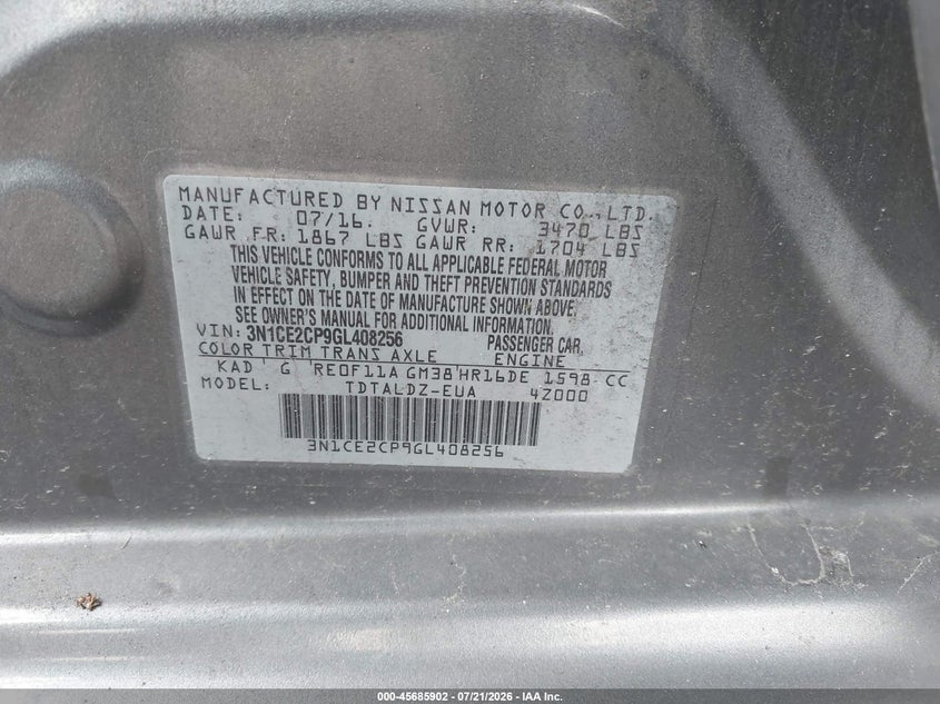 2016 Nissan Versa Note S (Sr)/S Plus/Sl/Sr/Sv VIN: 3N1CE2CP9GL408256 Lot: 45685902