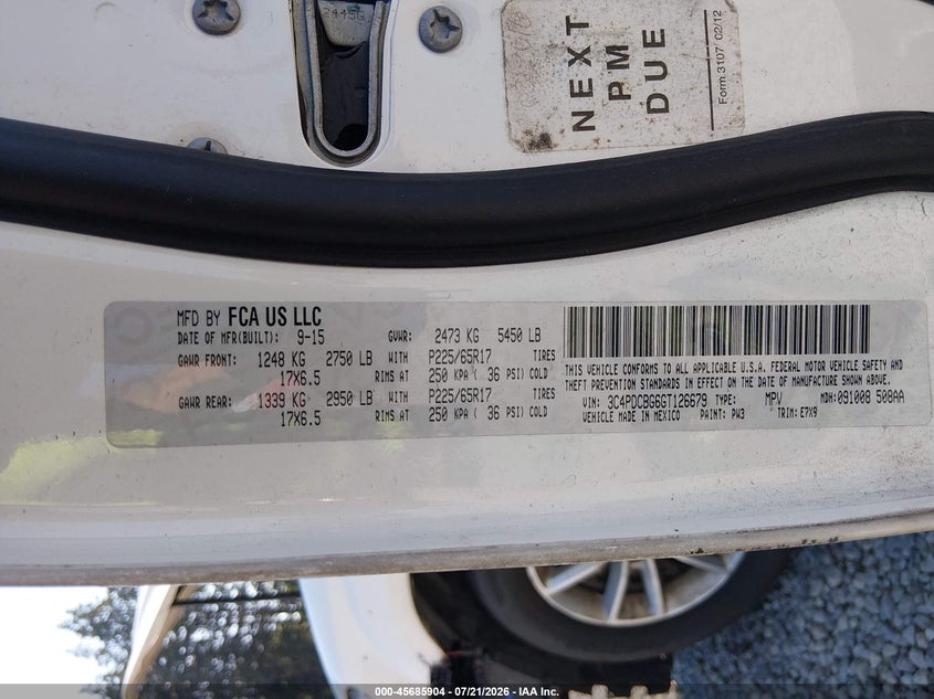 2016 Dodge Journey Sxt VIN: 3C4PDCBG6GT126679 Lot: 45685904