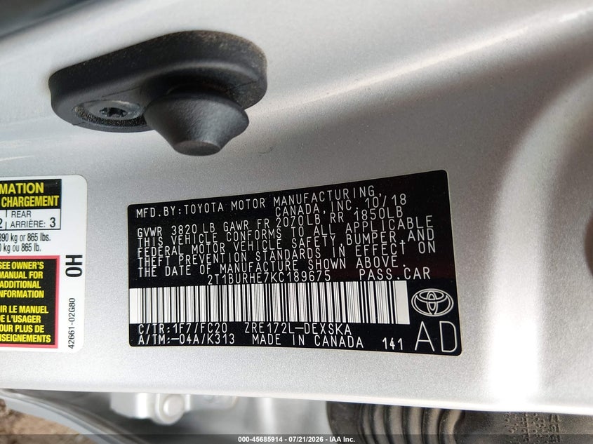 2019 Toyota Corolla Se VIN: 2T1BURHE7KC189675 Lot: 45685914