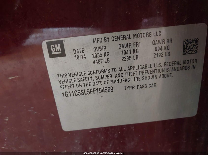CHEVROLET MALIBU 2015 VIN 1G11C5SL5FF194569