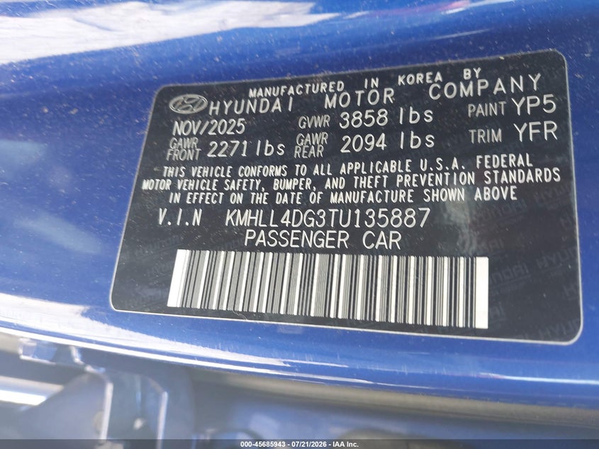 2026 Hyundai Elantra Se VIN: KMHLL4DG3TU135887 Lot: 45685943