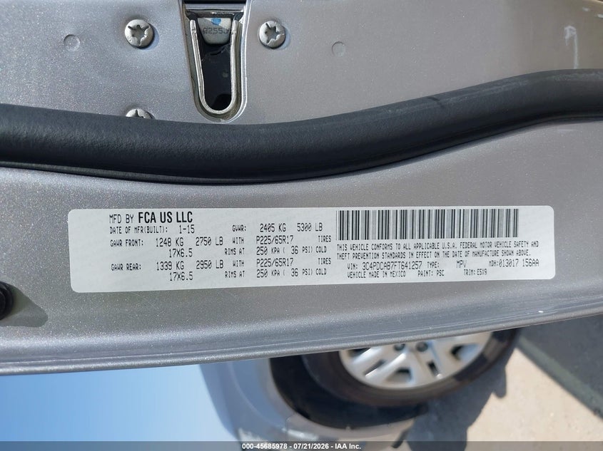 2015 Dodge Journey American Value Pkg VIN: 3C4PDCAB7FT641257 Lot: 45685978