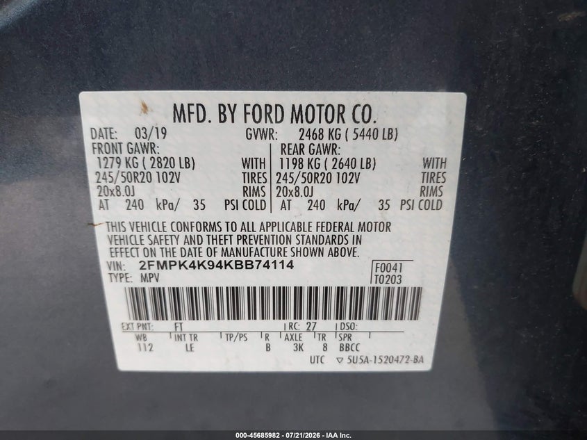 2019 Ford Edge Titanium VIN: 2FMPK4K94KBB74114 Lot: 45685982