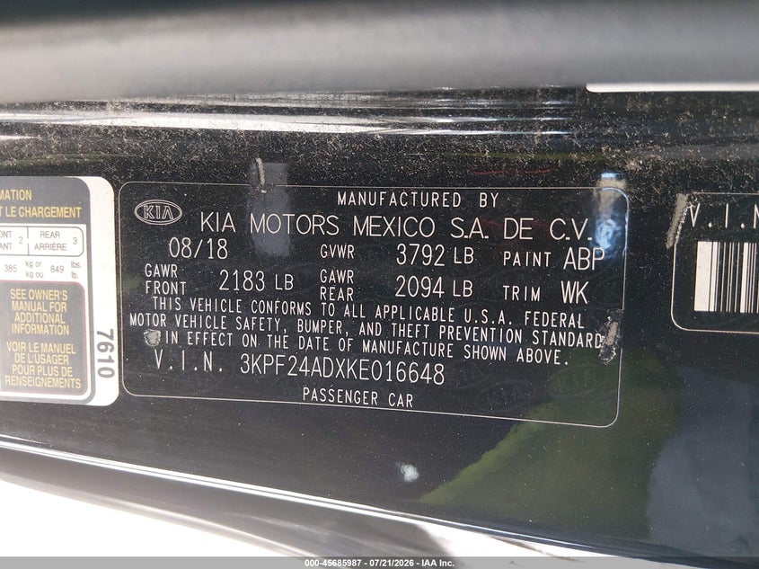 2019 Kia Forte Lxs VIN: 3KPF24ADXKE016648 Lot: 45685987