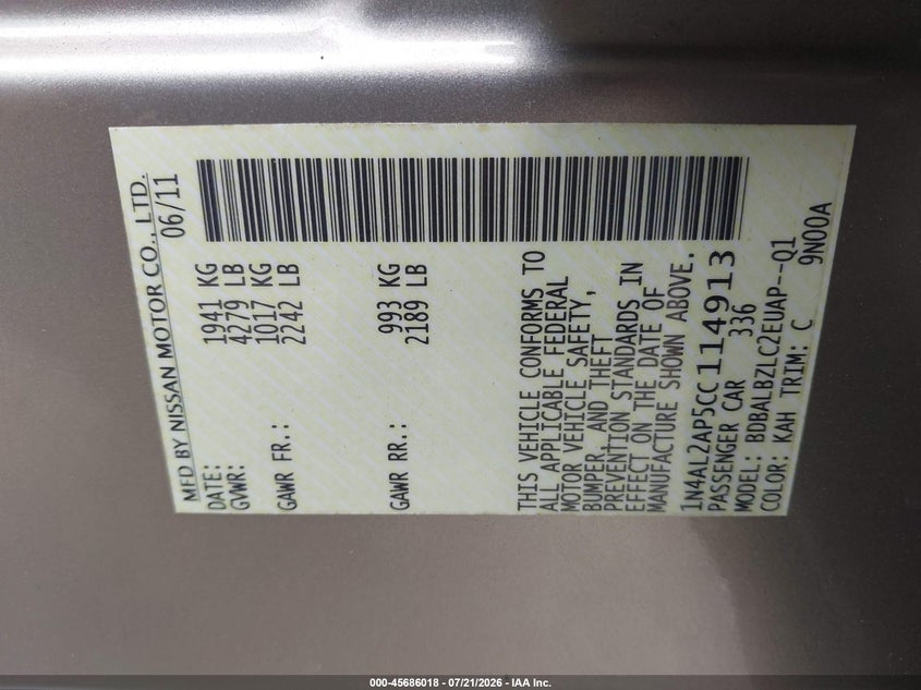 2012 Nissan Altima 2.5 S VIN: 1N4AL2AP5CC114913 Lot: 45686018