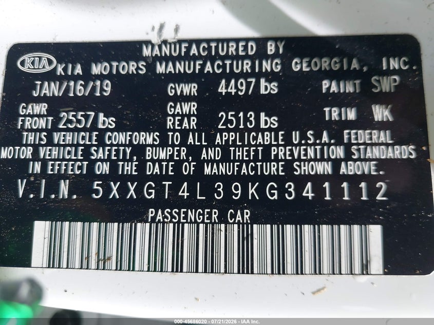 2019 Kia Optima Lx VIN: 5XXGT4L39KG341112 Lot: 45686020