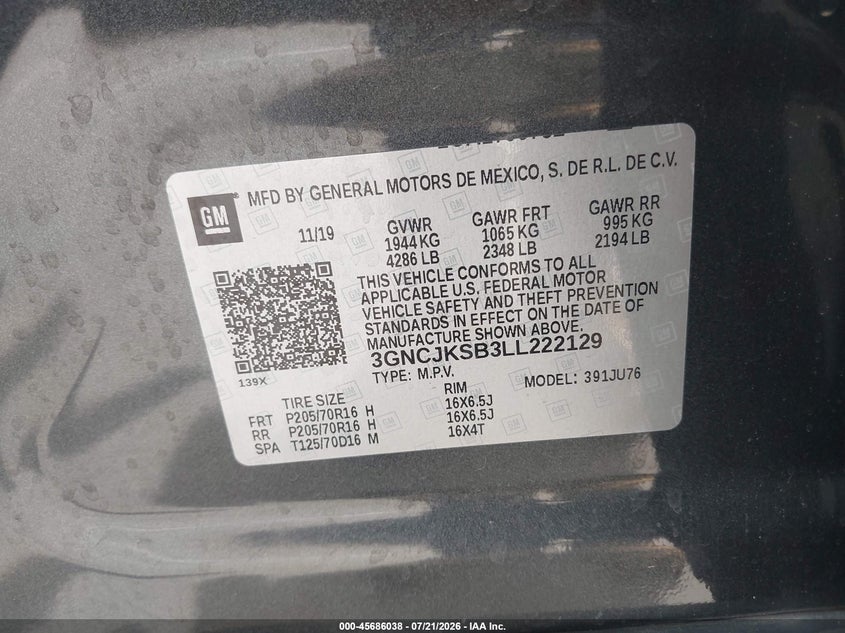 2020 Chevrolet Trax Fwd Ls VIN: 3GNCJKSB3LL222129 Lot: 45686038
