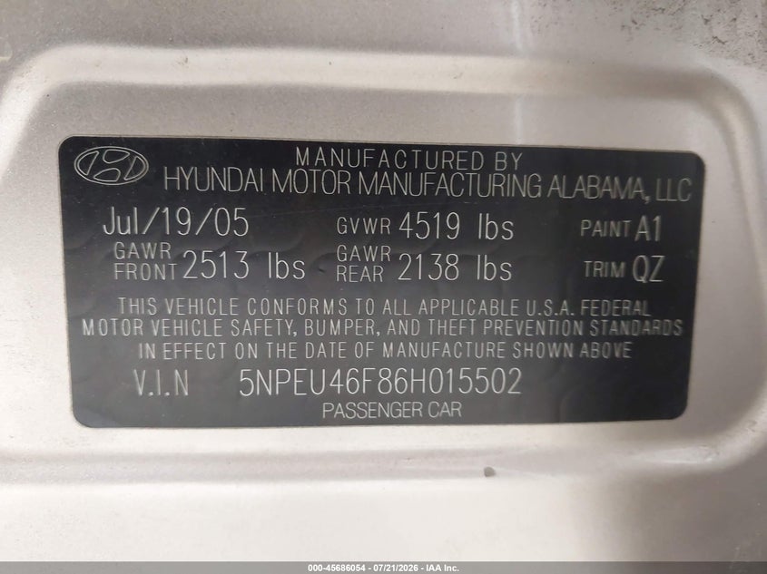 2006 Hyundai Sonata Gls V6/Lx V6 VIN: 5NPEU46F86H015502 Lot: 45686054