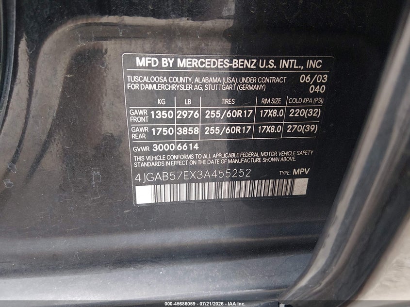 2003 Mercedes-Benz Ml 350 VIN: 4JGAB57EX3A455252 Lot: 45686059