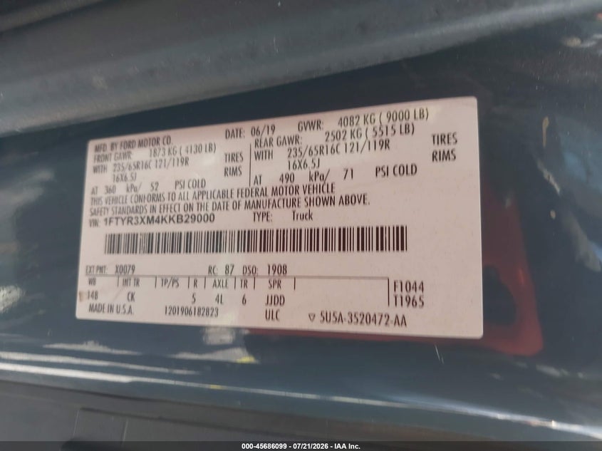 2019 Ford Transit-250 VIN: 1FTYR3XM4KKB29000 Lot: 45686099