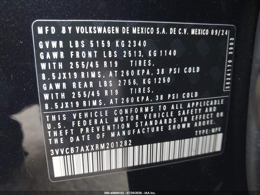 2024 Volkswagen Tiguan 2.0T Se R-Line Black VIN: 3VVCB7AXXRM201282 Lot: 45686102