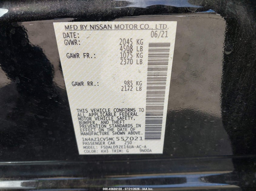 NISSAN LEAF 2021 VIN 1N4AZ1CV5MC557021