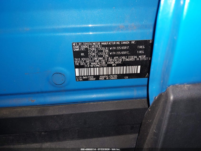 2021 Toyota Rav4 Le VIN: 2T3F1RFV2MW221552 Lot: 45686114