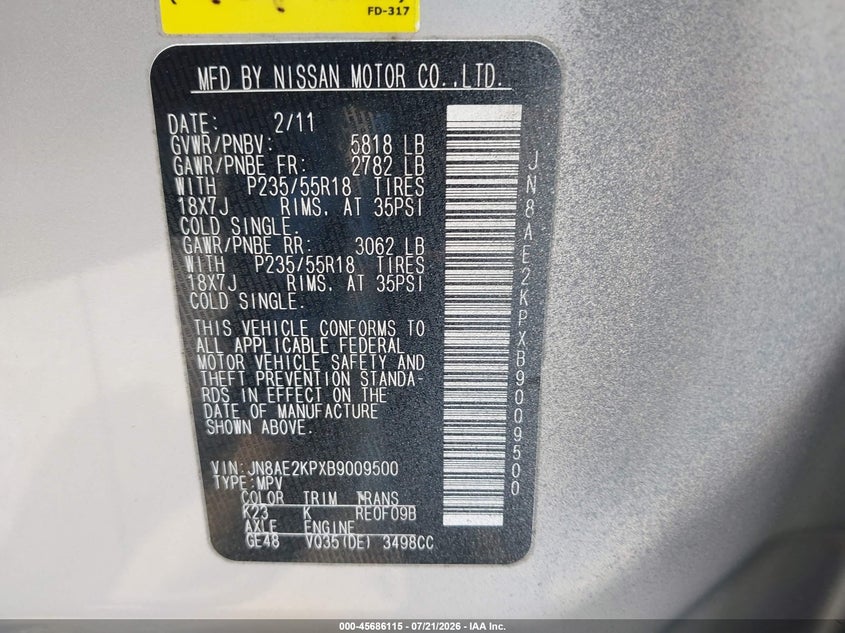 2011 Nissan Quest Sl VIN: JN8AE2KPXB9009500 Lot: 45686115