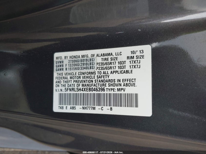 2014 Honda Odyssey Ex VIN: 5FNRL5H4XEB046396 Lot: 45686117
