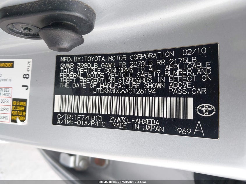 2010 Toyota Prius Ii VIN: JTDKN3DU6A0126194 Lot: 45686132