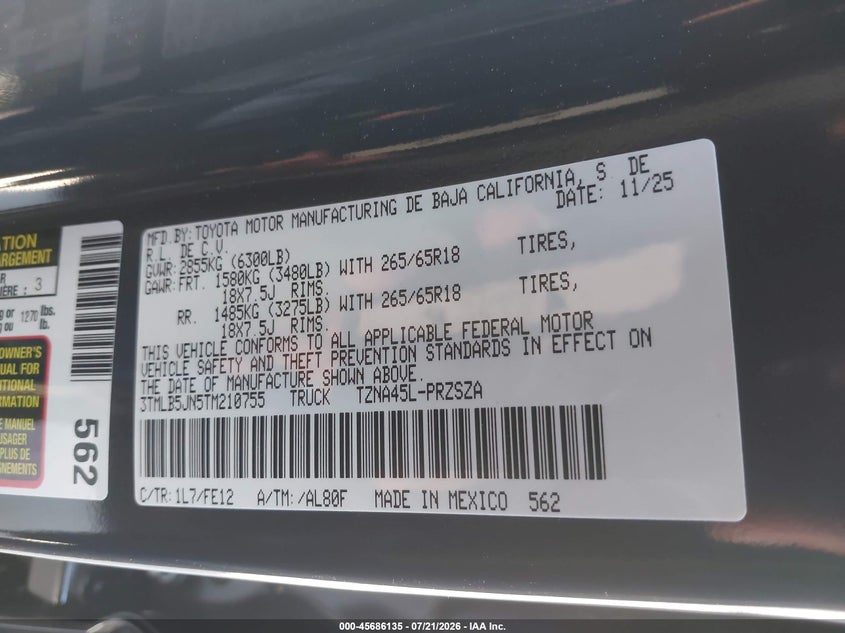 2026 Toyota Tacoma Trd Sport VIN: 3TMLB5JN5TM210755 Lot: 45686135