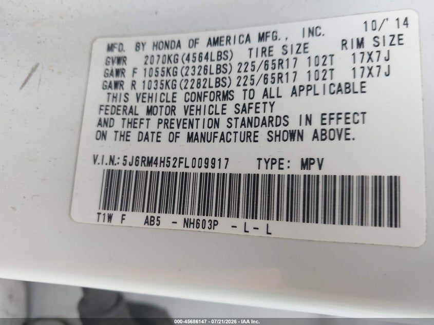 2015 Honda Cr-V Ex VIN: 5J6RM4H52FL009917 Lot: 45686147