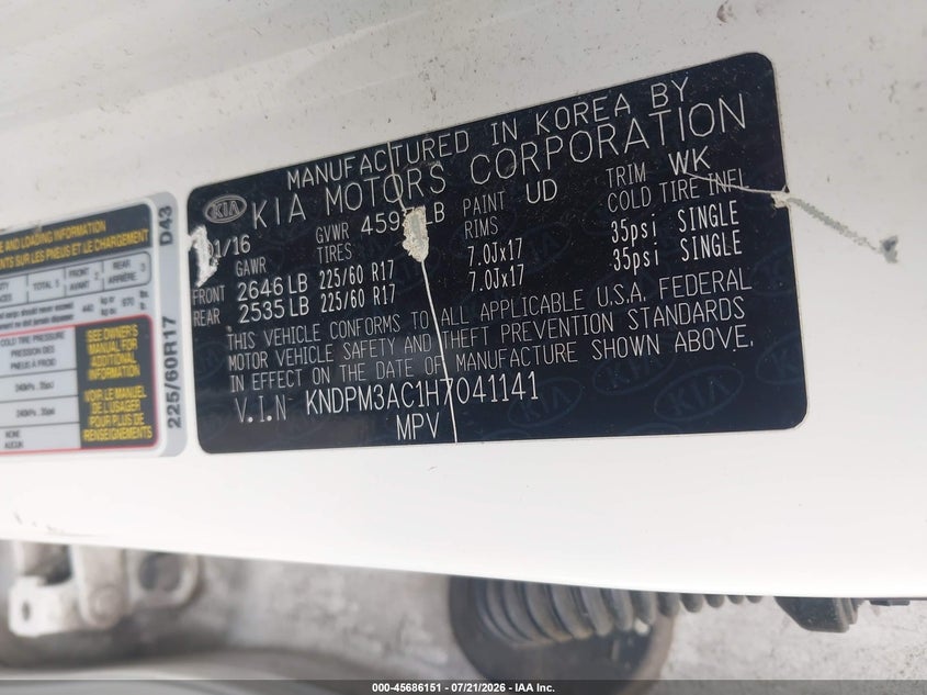 2017 Kia Sportage Lx VIN: KNDPM3AC1H7041141 Lot: 45686151