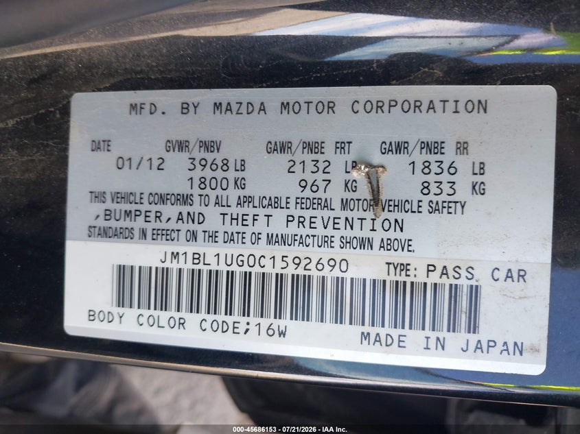 2012 Mazda Mazda3 I Sport VIN: JM1BL1UG0C1592690 Lot: 45686153