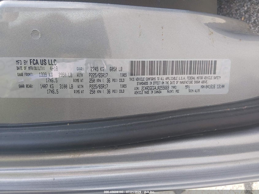 2018 Dodge Grand Caravan Gt VIN: 2C4RDGEG4JR255669 Lot: 45686193