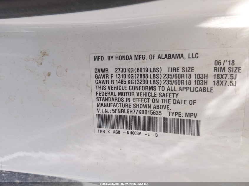 2019 Honda Odyssey Ex-L VIN: 5FNRL6H77KB015635 Lot: 45686200