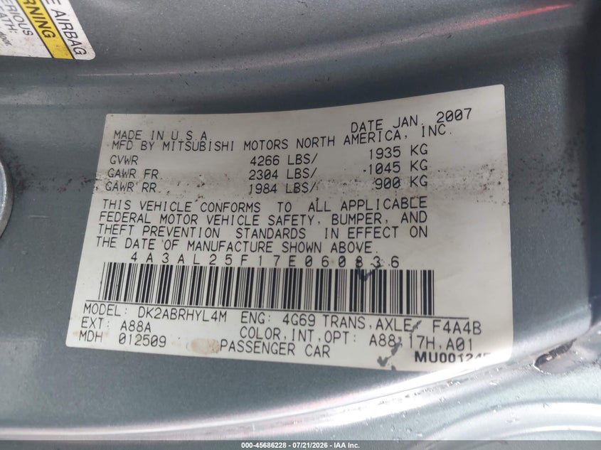 2007 Mitsubishi Eclipse Gs VIN: 4A3AL25F17E060836 Lot: 45686228