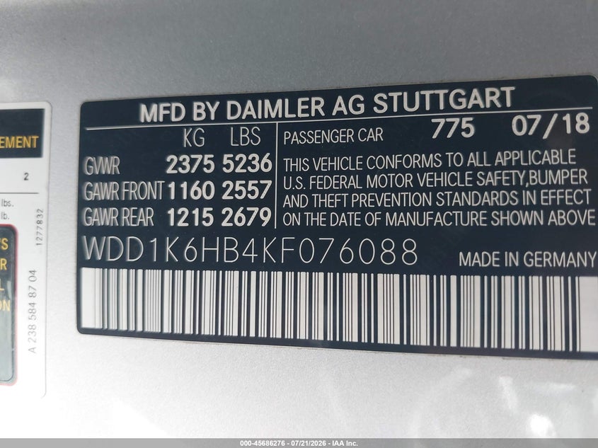 2019 Mercedes-Benz E 450 VIN: WDD1K6HB4KF076088 Lot: 45686276