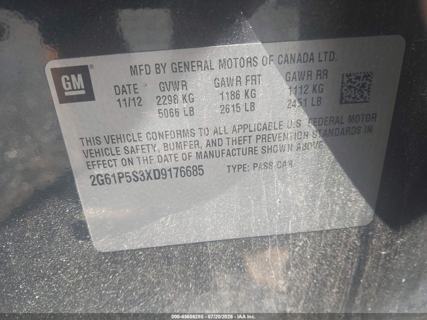 2013 Cadillac Xts Luxury VIN: 2G61P5S3XD9176685 Lot: 45686285