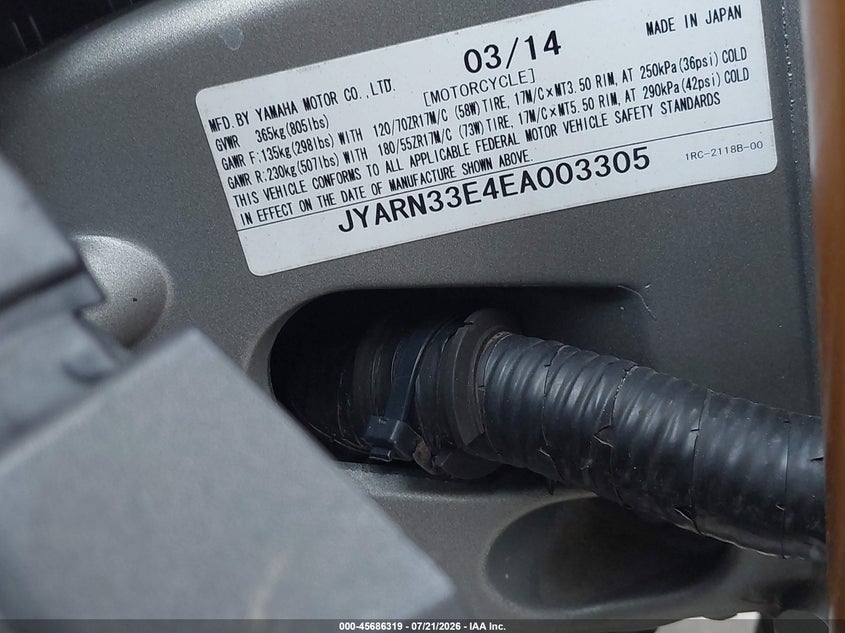 2014 Yamaha Fz09 VIN: JYARN33E4EA003305 Lot: 45686319