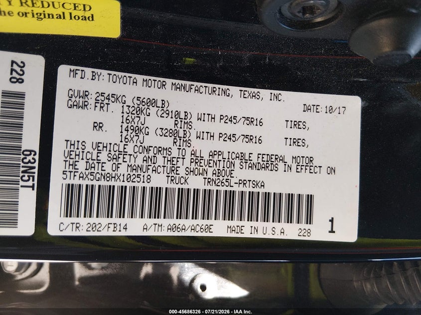 2017 Toyota Tacoma Sr VIN: 5TFAX5GN8HX102518 Lot: 45686326