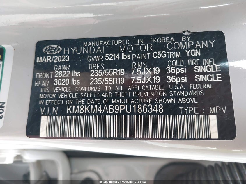 2023 Hyundai Ioniq 5 Se Standard Range VIN: KM8KM4AB9PU186348 Lot: 45686331