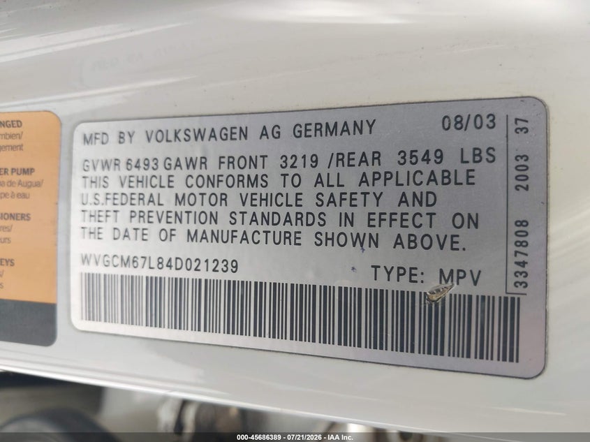 2004 Volkswagen Touareg V8 VIN: WVGCM67L84D021239 Lot: 45686389