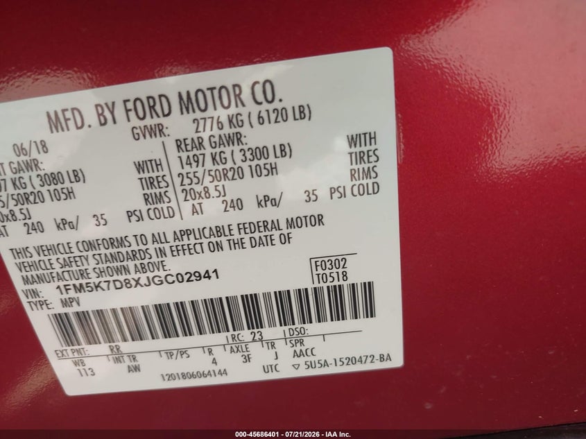 2018 Ford Explorer Xlt VIN: 1FM5K7D8XJGC02941 Lot: 45686401