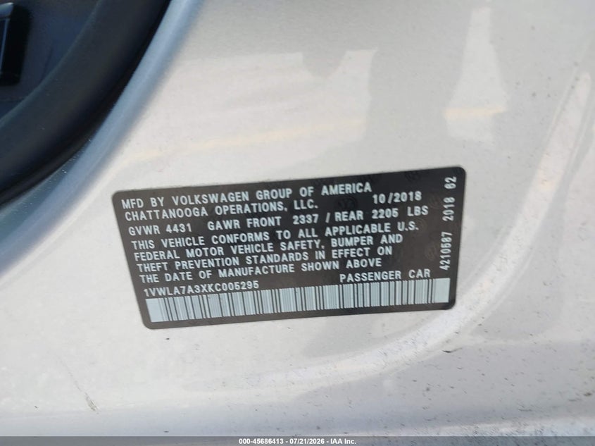 VOLKSWAGEN PASSAT 2019 VIN 1VWLA7A3XKC005295