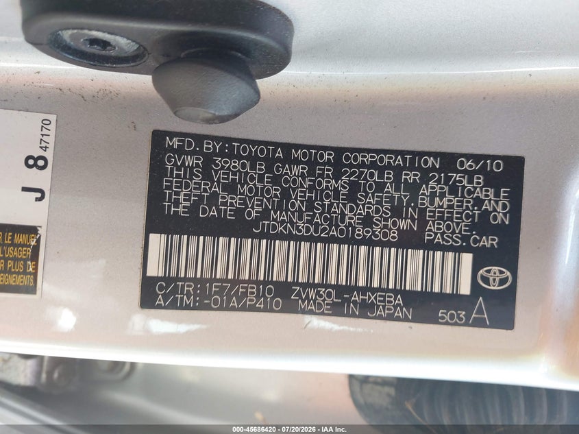2010 Toyota Prius Iii VIN: JTDKN3DU2A0189308 Lot: 45686420
