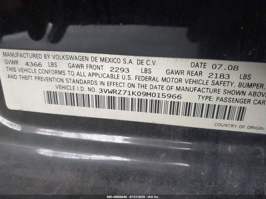 2009 Volkswagen Jetta Se/Sel VIN: 3VWRZ71K09M015966 Lot: 45686446