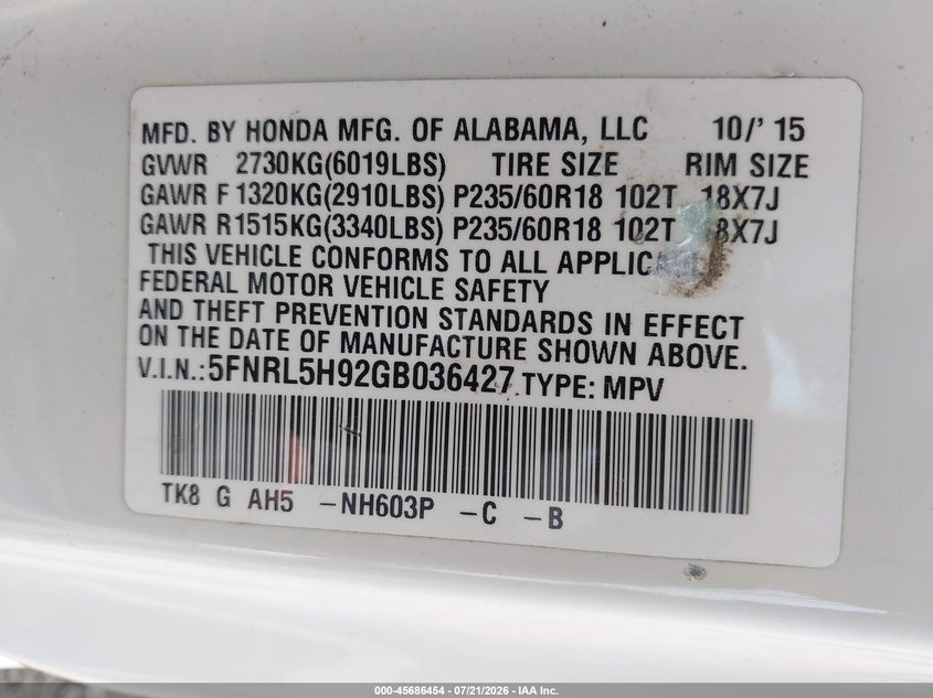2016 Honda Odyssey Touring/Touring Elite VIN: 5FNRL5H92GB036427 Lot: 45686454