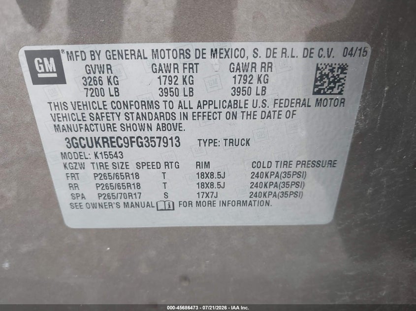 2015 Chevrolet Silverado 1500 Lt VIN: 3GCUKREC9FG357913 Lot: 45686473
