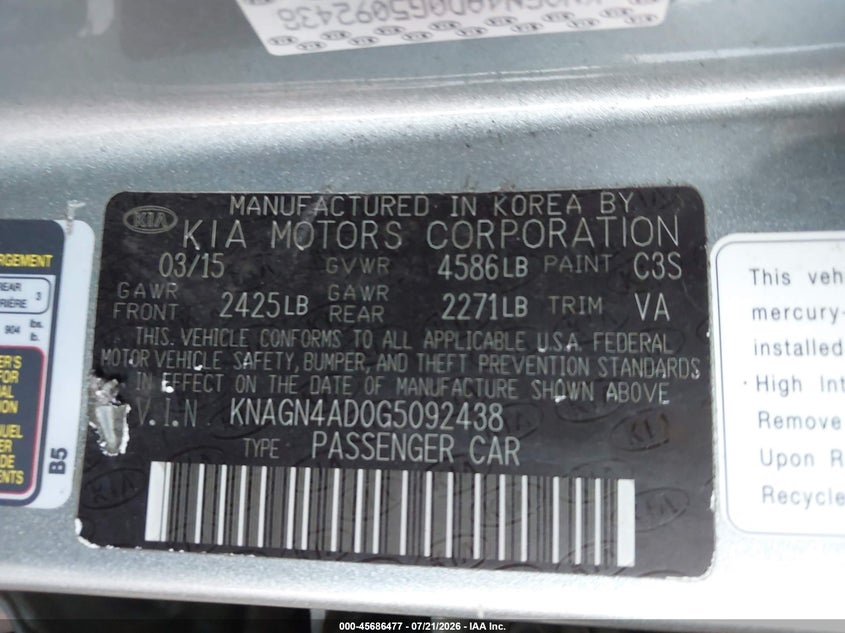2016 Kia Optima Hybrid Ex VIN: KNAGN4AD0G5092438 Lot: 45686477