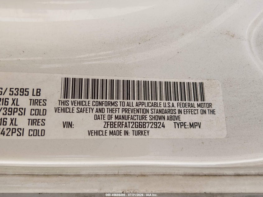 2016 Ram Promaster City Tradesman VIN: ZFBERFAT2G6B72924 Lot: 45686495