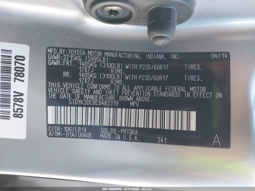 2014 Toyota Sienna Xle V6 8 Passenger VIN: 5TDYK3DC8ES482319 Lot: 45686498